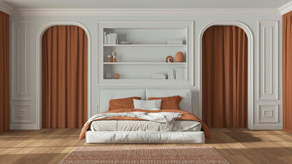 Neoclassic bedroom in white and orange tones. Double bed and carpet, arched walls with curtains. Molded walls and bookshelf, parquet. Classic interior design