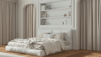 Classic bedroom in white and beige tones. Double modern bed and carpet, arched walls with curtains. Molded walls and bookshelf, parquet. Neoclassic interior design