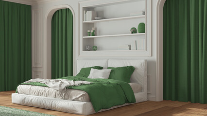 Classic bedroom in white and green tones. Double modern bed and carpet, arched walls with curtains. Molded walls and bookshelf, parquet. Neoclassic interior design