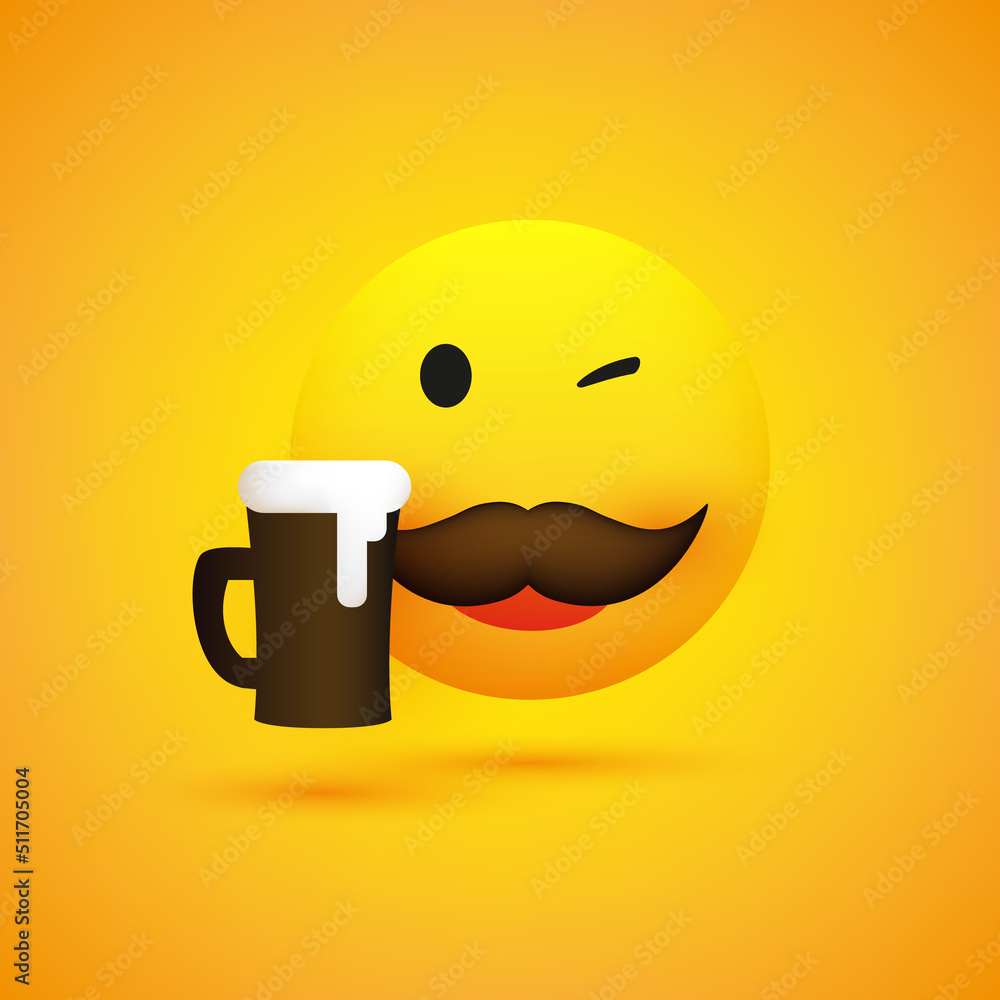 Poster winking emoji - simple happy drinking emoticon with mustache and beer mug - vector design for web an