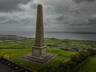Knockagh Monument War Memorial, Drone aerial photo, overlooking Belfast Lough, Carrickfergus,...