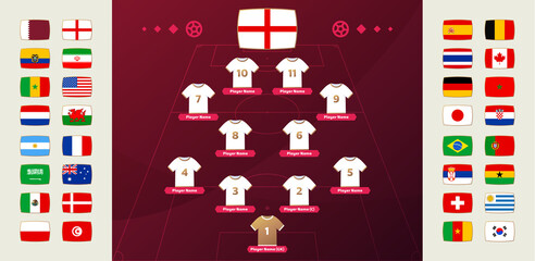 Set of national teams flag and line-up world Football 2022 tournament final stage vector illustration. Country team lineup table and Team Formation on Football Field. Vector country flags.