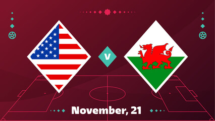 USA vs wales match. Football 2022 world championship match versus teams on soccer field. Intro sport background, championship competition final poster, flat style vector illustration