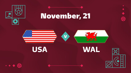 USA vs wales match. Football 2022 world championship match versus teams on soccer field. Intro sport background, championship competition final poster, flat style vector illustration