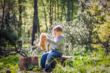 Fototapeta premium A cute boy is playing with a bear cub in the forest. The sun's rays envelop the space of the clearing with a stump. A magical story of interactions for the book. Space for copying. Selective