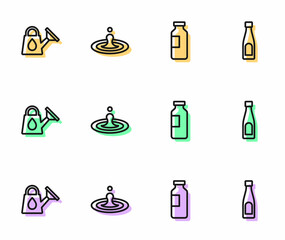 Set line Bottle of water, Watering can, drop and icon. Vector