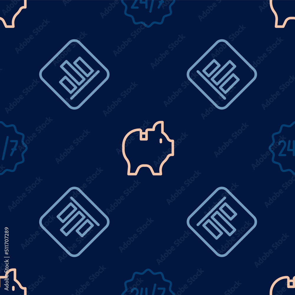 Poster set line clock 24 hours, pie chart infographic and piggy bank on seamless pattern. vector