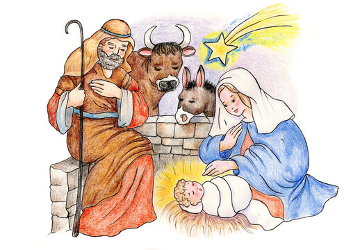 Jesus' nativity scene painted by hand on paper