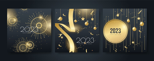 Creative concept of 2023 Happy New Year posters set. Design templates with typography logo 2023 for celebration and season decoration. Minimalistic trendy backgrounds for branding, banner, cover, card