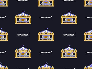 Carousel cartoon character seamless pattern on black background. Pixel style