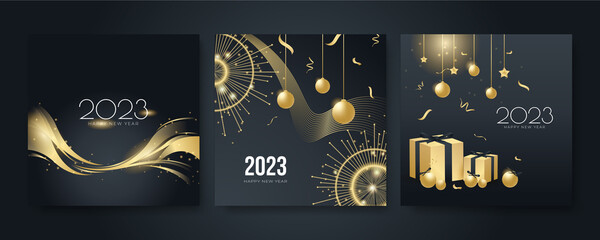 Fototapeta na wymiar Creative concept of 2023 Happy New Year posters set. Design templates with typography logo 2023 for celebration and season decoration. Minimalistic trendy backgrounds for branding, banner, cover, card