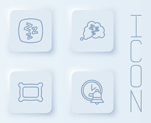 Set line Sleepy, Pillow and Alarm clock. White square button. Vector