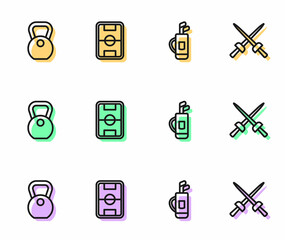 Set line Golf bag with clubs, Weight, Football field and Fencing icon. Vector