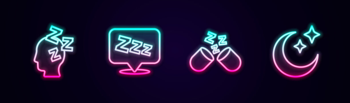 Set line Dreams, Sleepy, Sleeping pill and Moon and stars. Glowing neon icon. Vector