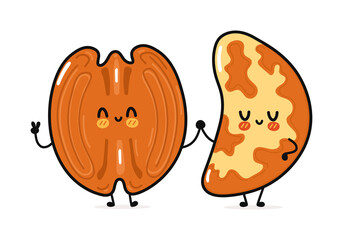 Cute, funny happy brazilian nut  and pecan character. Vector hand drawn cartoon kawaii characters, illustration icon. Funny cartoon brazilian nut  and pecan friends concept