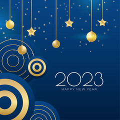 Naklejka premium Happy new year 2023 square post card background for social media template. Blue and gold 2023 new year winter holiday greeting card template. Minimalistic trendy banner for branding, cover, card.