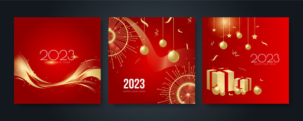 Happy new year 2023 square post card background for social media template. Red and gold 2023 new year winter holiday greeting card template. Minimalistic trendy banner for branding, cover, card.