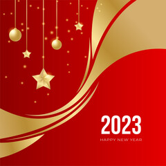 Fototapeta na wymiar Happy new year 2023 square post card background for social media template. Red and gold 2023 new year winter holiday greeting card template. Minimalistic trendy banner for branding, cover, card.