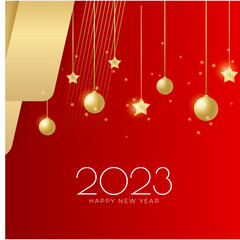 Happy new year 2023 square post card background for social media template. Red and gold 2023 new year winter holiday greeting card template. Minimalistic trendy banner for branding, cover, card.