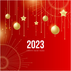 Naklejka premium Happy new year 2023 square post card background for social media template. Red and gold 2023 new year winter holiday greeting card template. Minimalistic trendy banner for branding, cover, card.