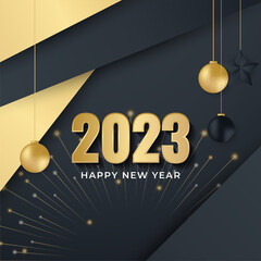 2023 Happy New Year background. Holiday banner with 2023 happy new year symbol, golden stars and confetti. Vector illustration with black holiday icon isolated on white background