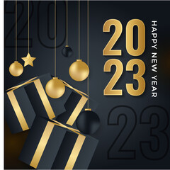 Happy new year 2023 elegant black and golden text. Minimalistic vector