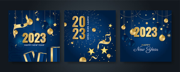 Naklejka premium Happy new year 2023 square post card background for social media template. Blue and gold 2023 new year winter holiday greeting card template. Minimalistic trendy banner for branding, cover, card.