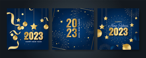 Happy new year 2023 square post card background for social media template. Blue and gold 2023 new year winter holiday greeting card template. Minimalistic trendy banner for branding, cover, card.