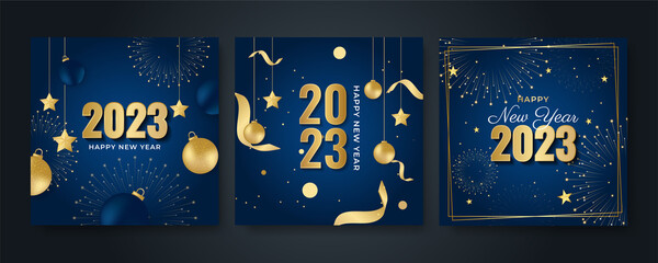 Happy new year 2023 square post card background for social media template. Blue and gold 2023 new year winter holiday greeting card template. Minimalistic trendy banner for branding, cover, card.