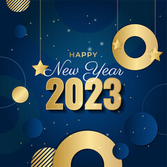 Naklejka premium Happy new year 2023 square post card background for social media template. Blue and gold 2023 new year winter holiday greeting card template. Minimalistic trendy banner for branding, cover, card.