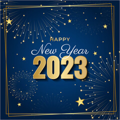 Happy new year 2023 square post card background for social media template. Blue and gold 2023 new year winter holiday greeting card template. Minimalistic trendy banner for branding, cover, card.