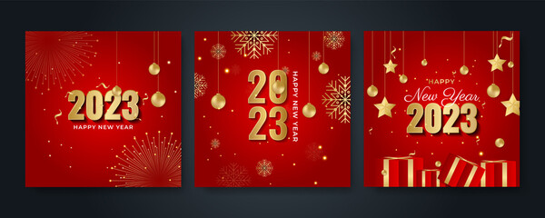 Happy new year 2023 square post card background for social media template. Red and gold 2023 new year winter holiday greeting card template. Minimalistic trendy banner for branding, cover, card.