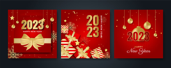 Naklejka premium Happy new year 2023 square post card background for social media template. Red and gold 2023 new year winter holiday greeting card template. Minimalistic trendy banner for branding, cover, card.
