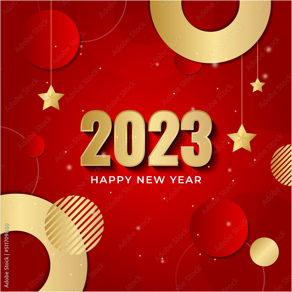 Aufkleber happy new year 2023 square post card background for social media template. red and gold 2023 new yea