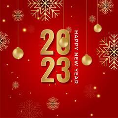 Happy new year 2023 square post card background for social media template. Red and gold 2023 new year winter holiday greeting card template. Minimalistic trendy banner for branding, cover, card.