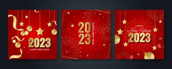 Happy new year 2023 square post card background for social media template. Red and gold 2023 new year winter holiday greeting card template. Minimalistic trendy banner for branding, cover, card.
