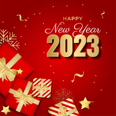 Fototapeta na wymiar Happy new year 2023 square post card background for social media template. Red and gold 2023 new year winter holiday greeting card template. Minimalistic trendy banner for branding, cover, card.
