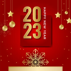 Happy new year 2023 square post card background for social media template. Red and gold 2023 new year winter holiday greeting card template. Minimalistic trendy banner for branding, cover, card.