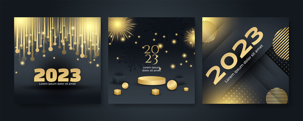 Naklejka premium Creative concept of 2023 Happy New Year posters set. Design templates with typography logo 2023 for celebration and season decoration. Minimalistic trendy backgrounds for branding, banner, cover, card