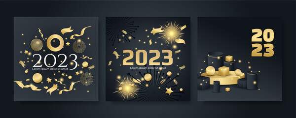 Naklejka premium Happy new 2023 year elegant gold text with light. Minimal text template on black background