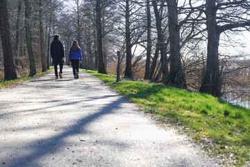 Walk in the city park. Two young people are walking along a path in a spring park. View from the back.