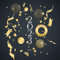 Happy new 2023 year elegant gold text with light. Minimal text template on black background