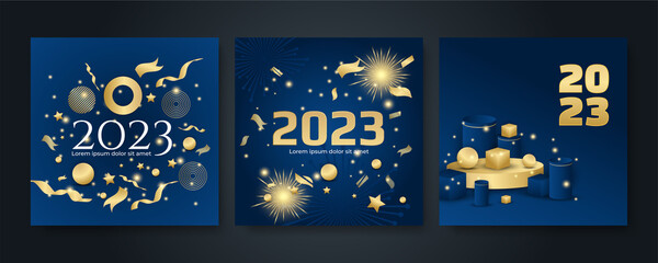 Obraz na płótnie Canvas Happy new year 2023 square post card background for social media template. Blue and gold 2023 new year winter holiday greeting card template. Minimalistic trendy banner for branding, cover, card.