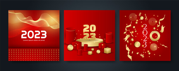 Happy new year 2023 square post card background for social media template. Red and gold 2023 new year winter holiday greeting card template. Minimalistic trendy banner for branding, cover, card.