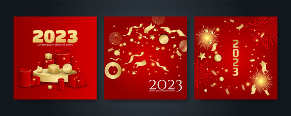 Happy new year 2023 square post card background for social media template. Red and gold 2023 new year winter holiday greeting card template. Minimalistic trendy banner for branding, cover, card.