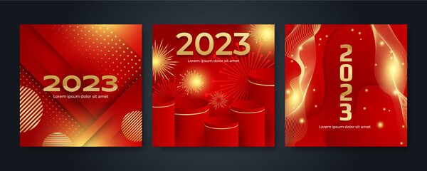 Happy new year 2023 square post card background for social media template. Red and gold 2023 new year winter holiday greeting card template. Minimalistic trendy banner for branding, cover, card.