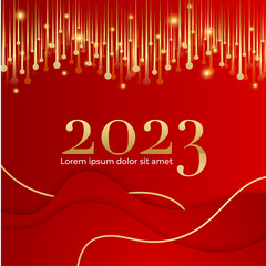 Happy new year 2023 square post card background for social media template. Red and gold 2023 new year winter holiday greeting card template. Minimalistic trendy banner for branding, cover, card.