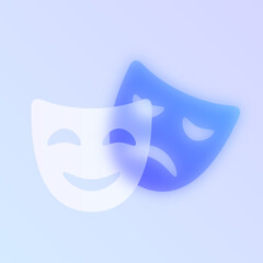 theatre masks glass morphism trendy style icon. theatre masks transparent glass color vector icon with blur and purple gradient. for web and ui design, mobile apps and promo business banners, posters