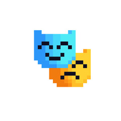 Performing Arts. Carnival mask for masquerade costume pixel art icon. Greeting card design. Isolated vector illustration. Game assets 8-bit sprite. Design for stickers, web, mobile app.