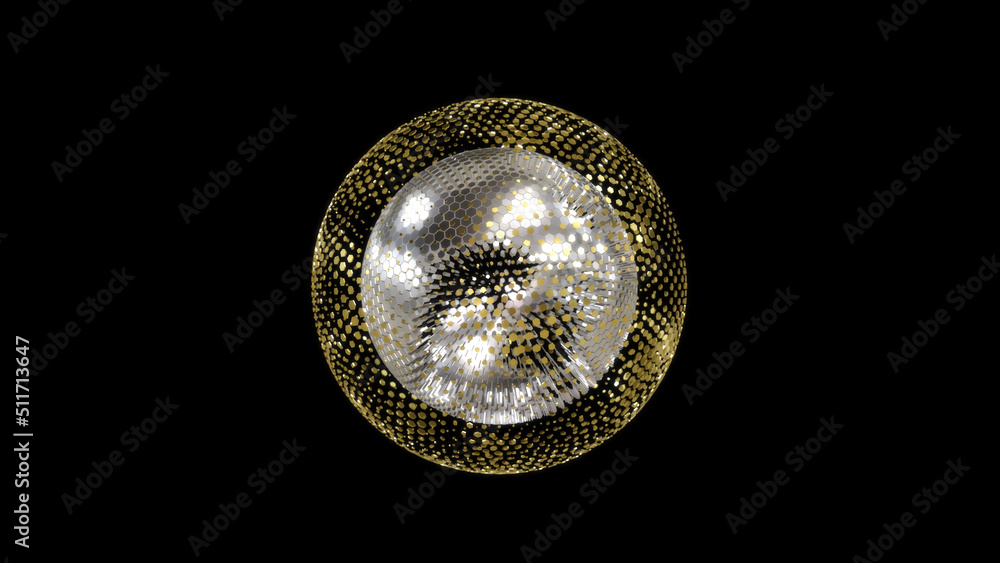 Poster 3d rendering of a silver golden sphere in a dark space. Abstract sphere with mirror and hexagonal surface elements. The composition is abstract.